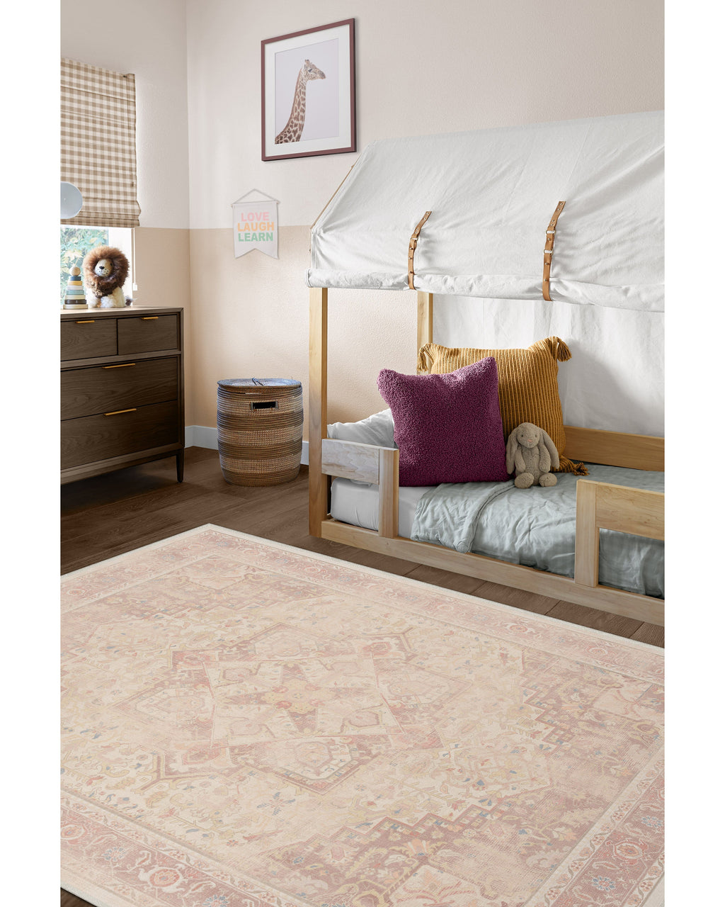 Tapis plat tissé romantique antique à motif géométrique médaillon rose pâle lavable, fond ombré pour chambre et chambre d'enfant