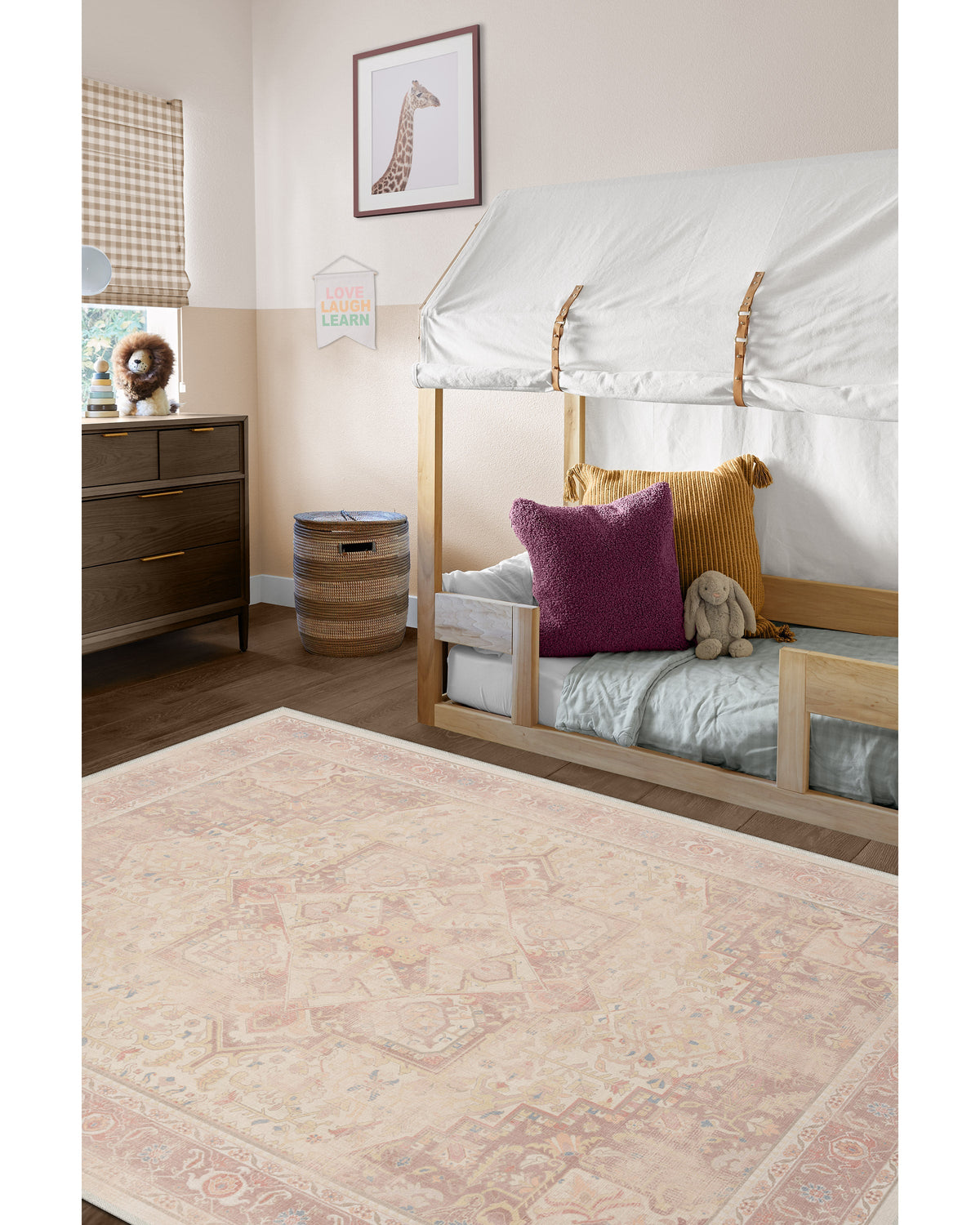 Tapis plat tissé romantique antique à motif géométrique médaillon rose pâle lavable, fond ombré pour chambre et chambre d'enfant