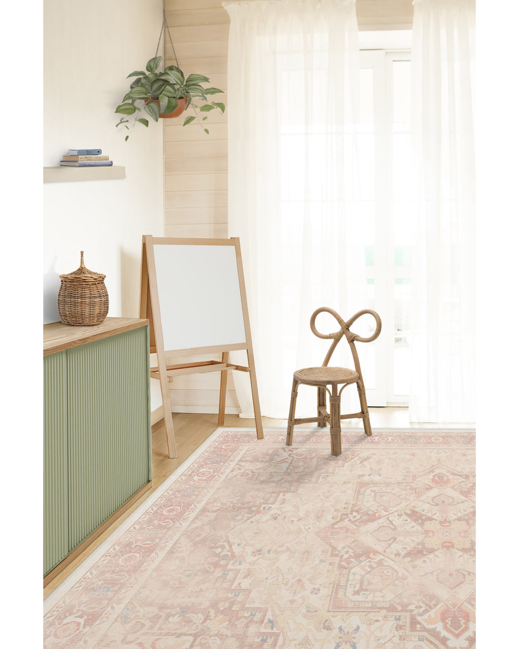 Tapis plat tissé romantique antique à motif géométrique médaillon rose pâle lavable, fond ombré pour chambre et chambre d'enfant