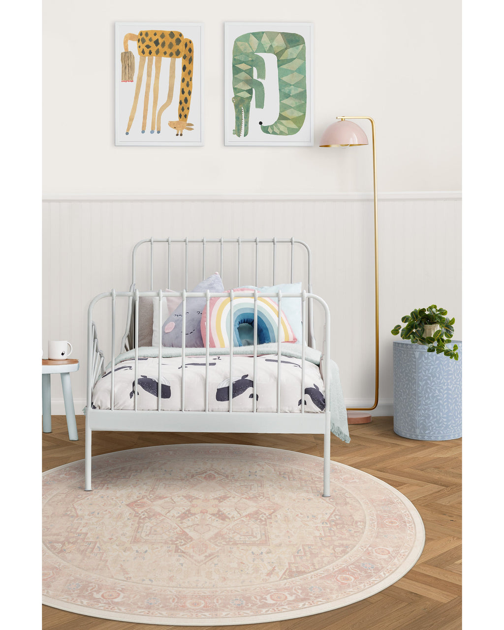 Tapis plat tissé romantique antique à motif géométrique médaillon rose pâle lavable, fond ombré pour chambre et chambre d'enfant