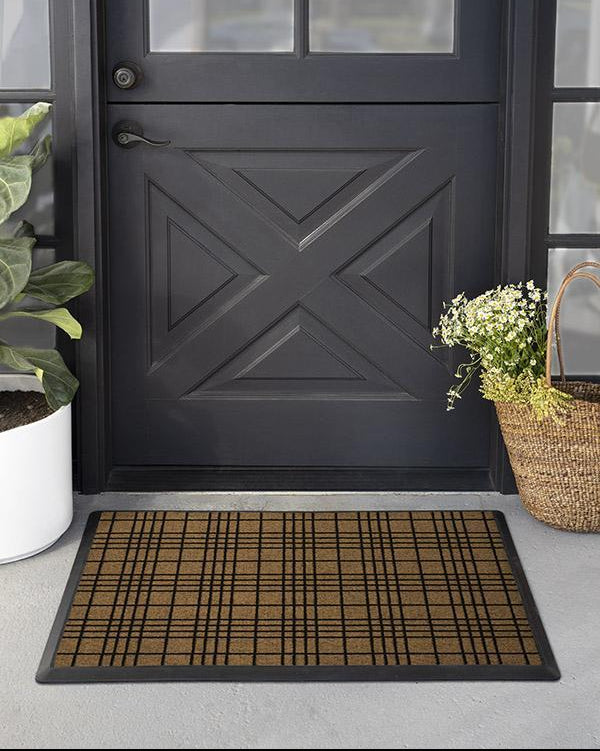 Paillasson géométrique moderne lavable avec motif à carreaux écossais noirs pour entrée et porche