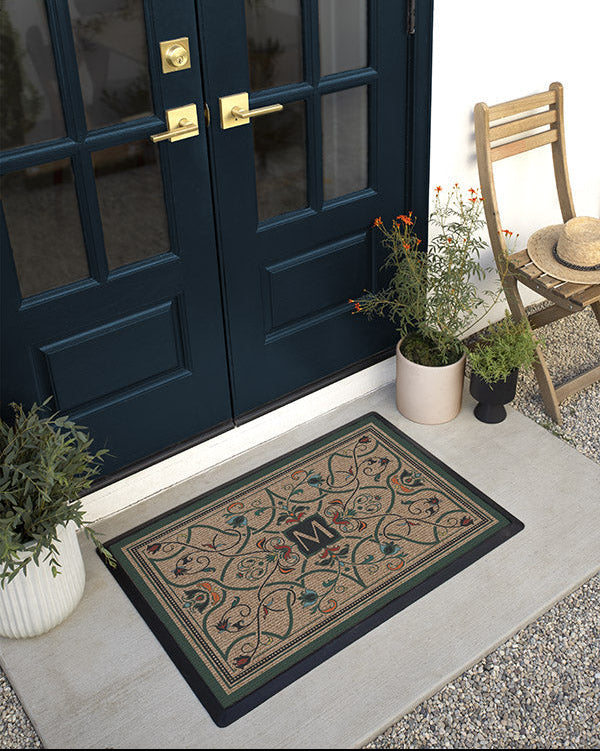 Paillasson Lavable en Tissu Floral Botanique avec Motif Personnalisé Lettre Vigne Fleur pour Entrée et Porche