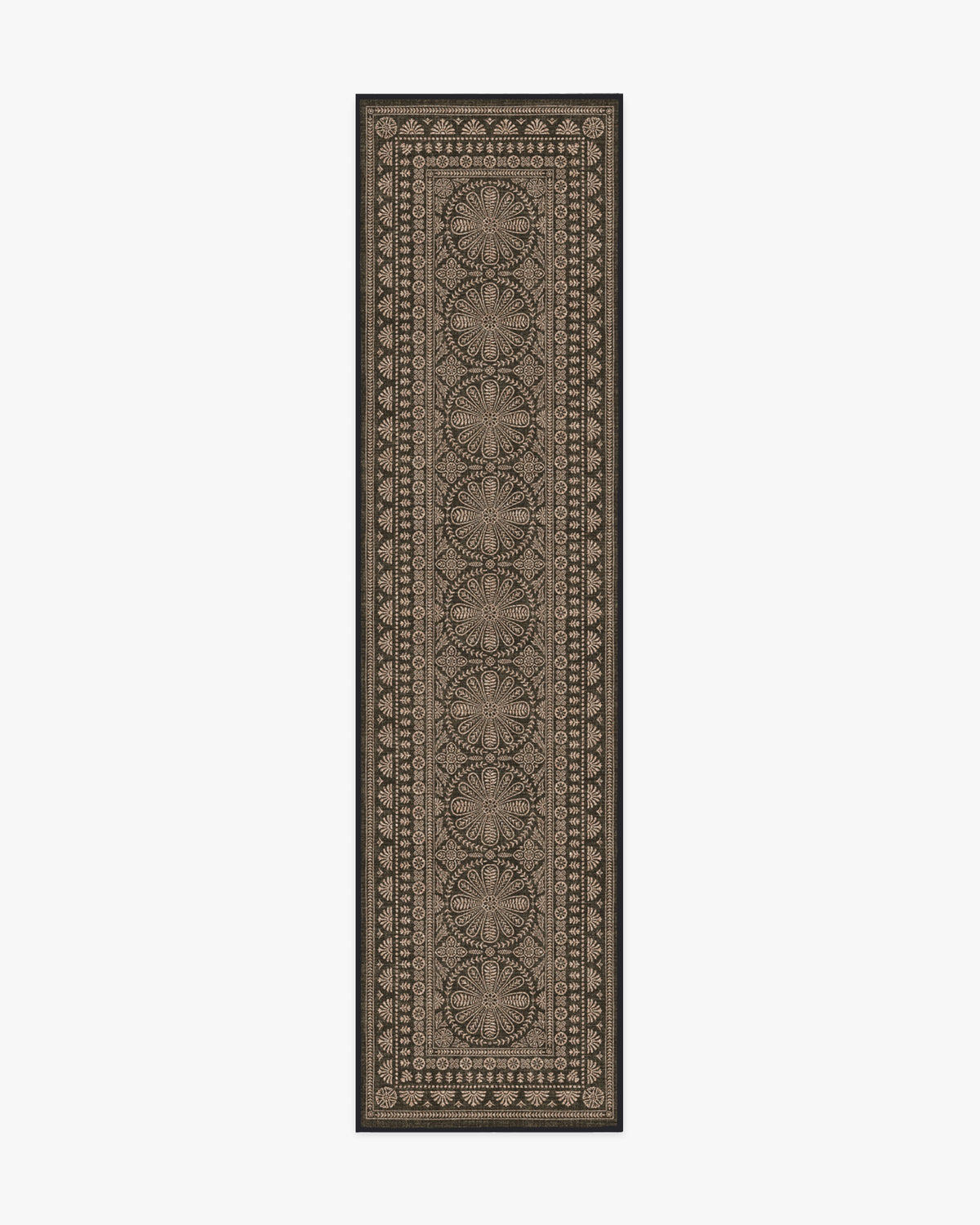 Tapis plat traditionnel en polyester recyclé, tissé à la main, avec bordure florale noire et texture jute, pour salon et bureau