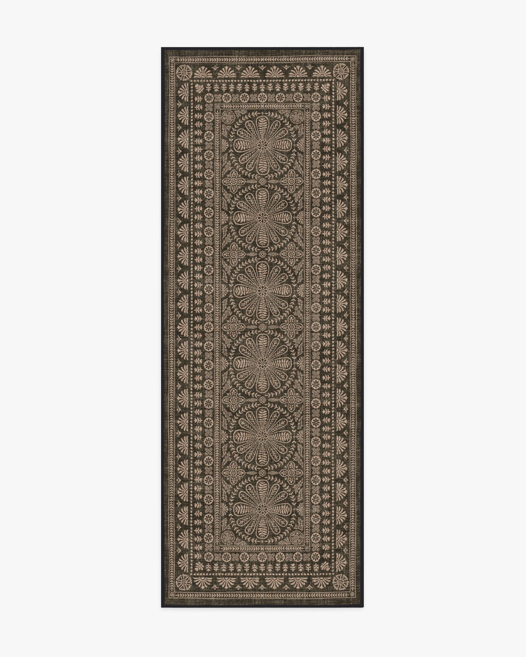 Tapis plat traditionnel en polyester recyclé, tissé à la main, avec bordure florale noire et texture jute, pour salon et bureau
