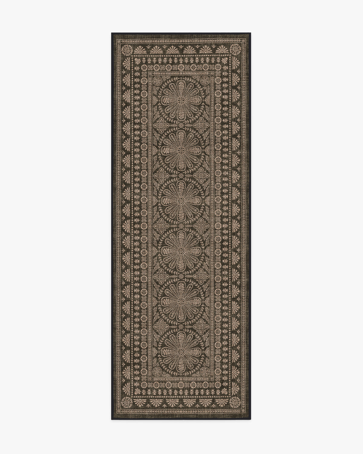 Tapis plat traditionnel en polyester recyclé, tissé à la main, avec bordure florale noire et texture jute, pour salon et bureau