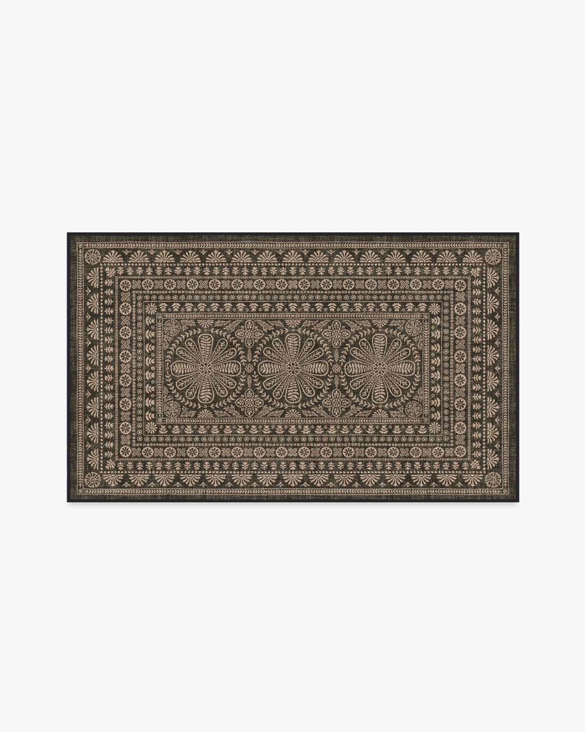 Tapis plat traditionnel en polyester recyclé, tissé à la main, avec bordure florale noire et texture jute, pour salon et bureau