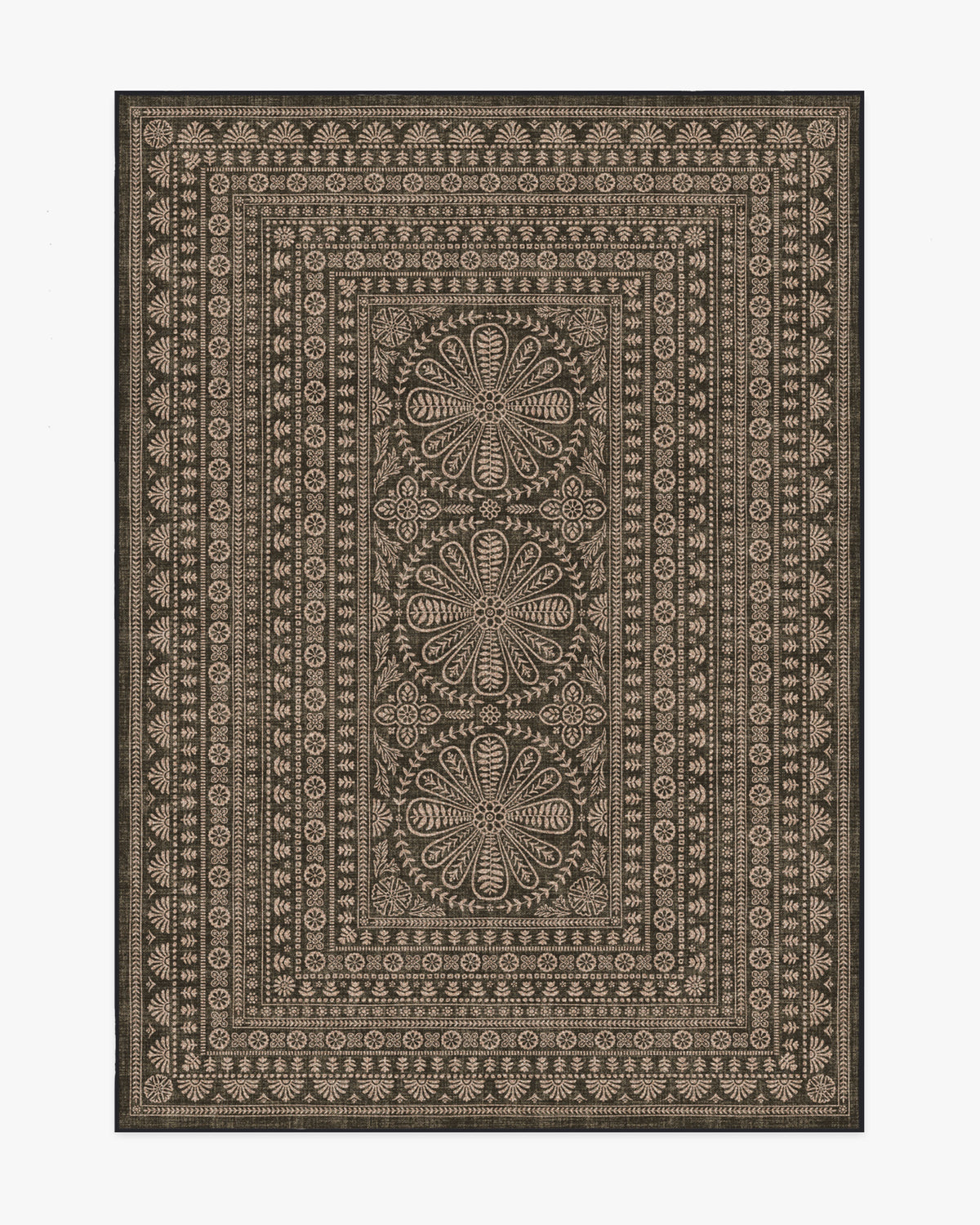 Tapis plat traditionnel en polyester recyclé, tissé à la main, avec bordure florale noire et texture jute, pour salon et bureau