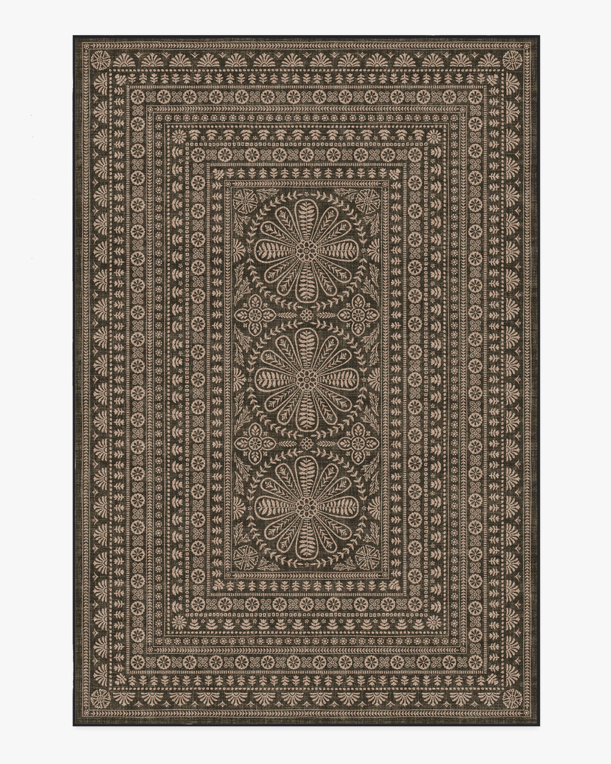 Tapis plat traditionnel en polyester recyclé, tissé à la main, avec bordure florale noire et texture jute, pour salon et bureau