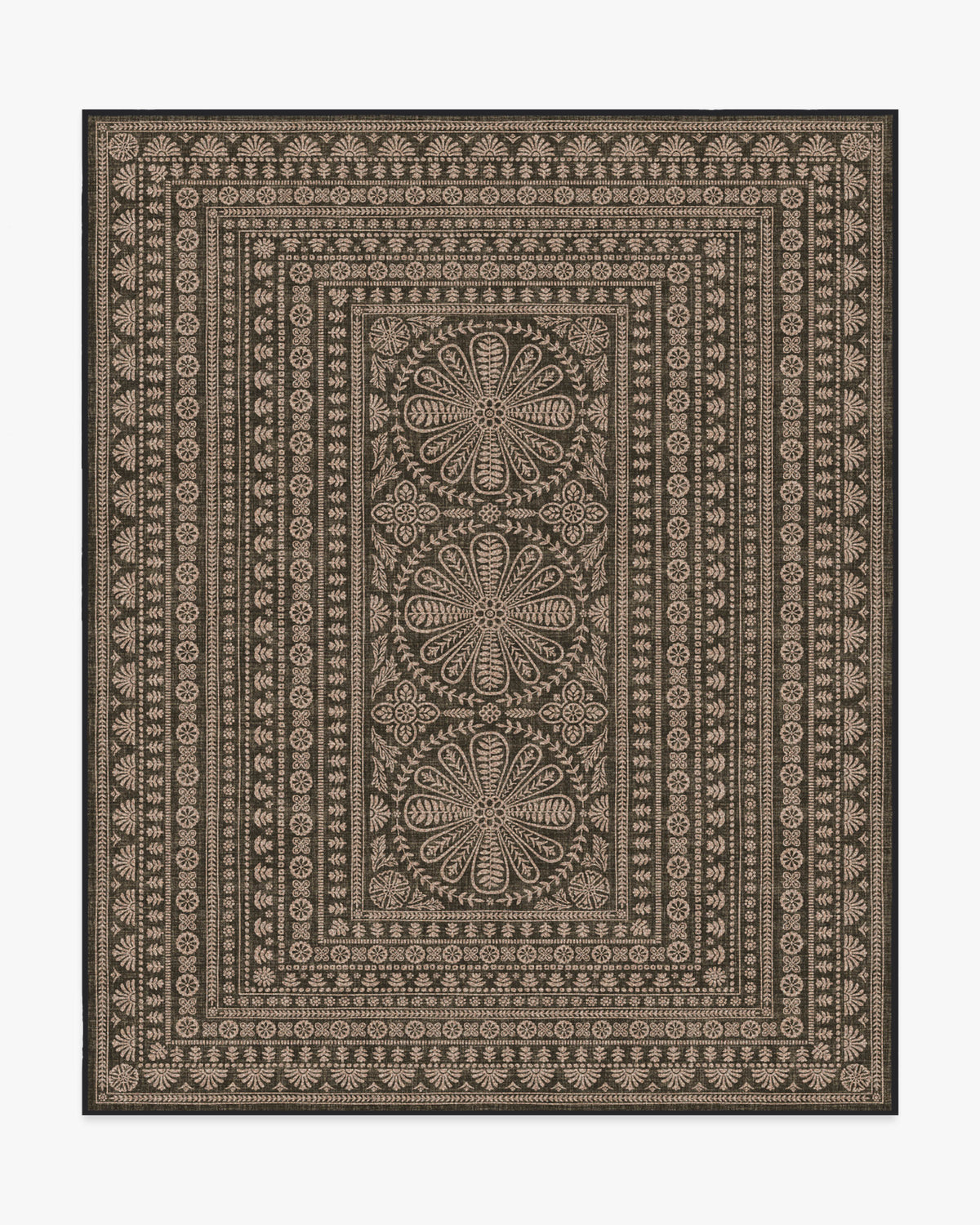 Tapis plat traditionnel en polyester recyclé, tissé à la main, avec bordure florale noire et texture jute, pour salon et bureau