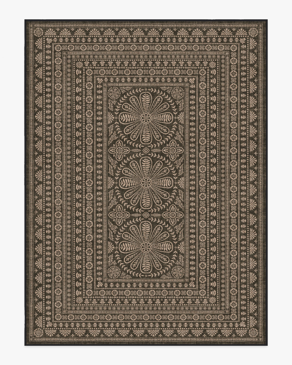 Tapis plat traditionnel en polyester recyclé, tissé à la main, avec bordure florale noire et texture jute, pour salon et bureau