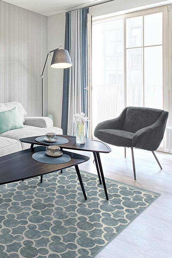 Tapis plat tissé de caractère moderne avec motif silhouette à treillis en bleu ardoise pour chambre d'enfant et salon