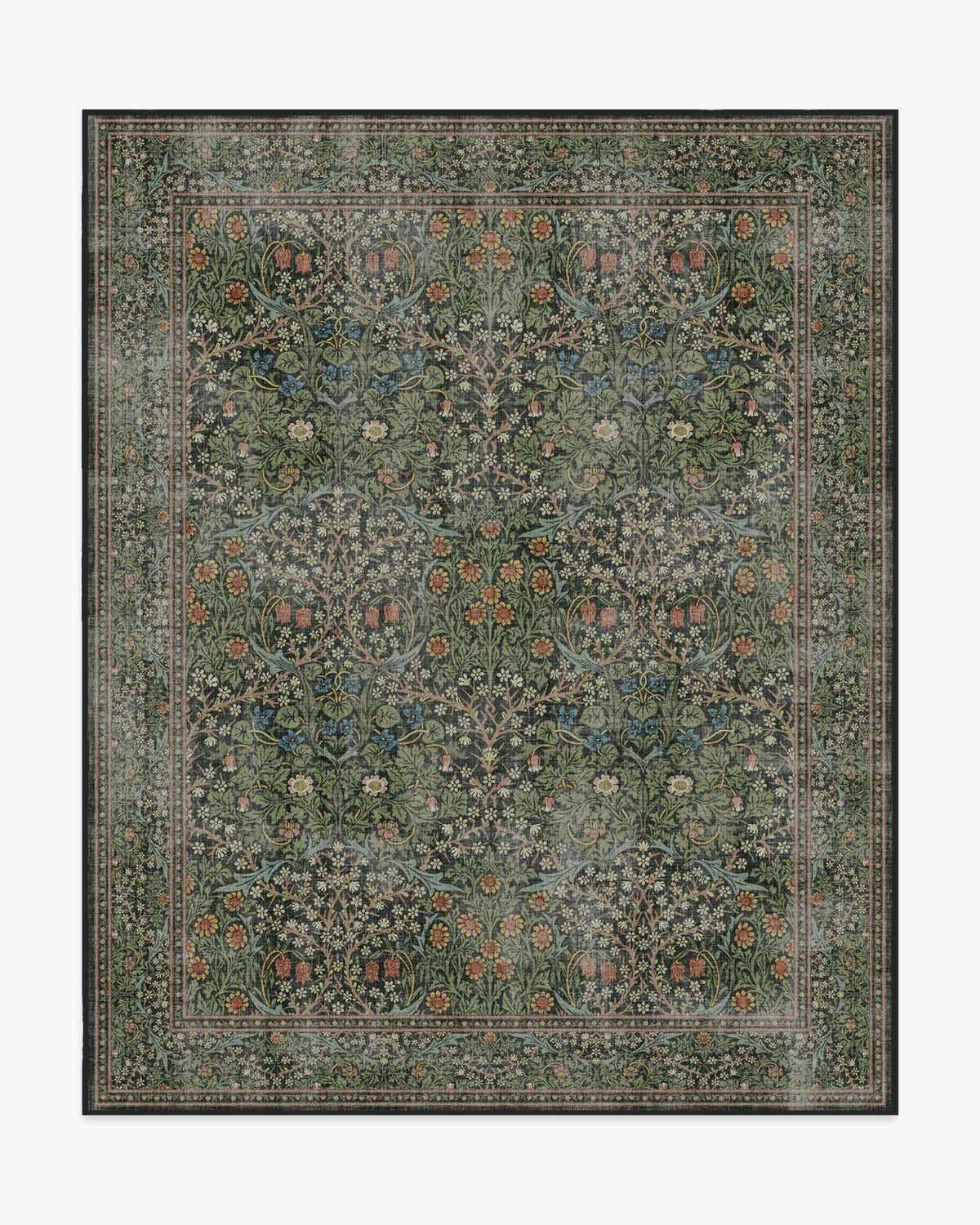 Tapis tissé plat britannique Arts & Crafts avec motif botanique lavable en vigne vert forêt pour salon et bureau