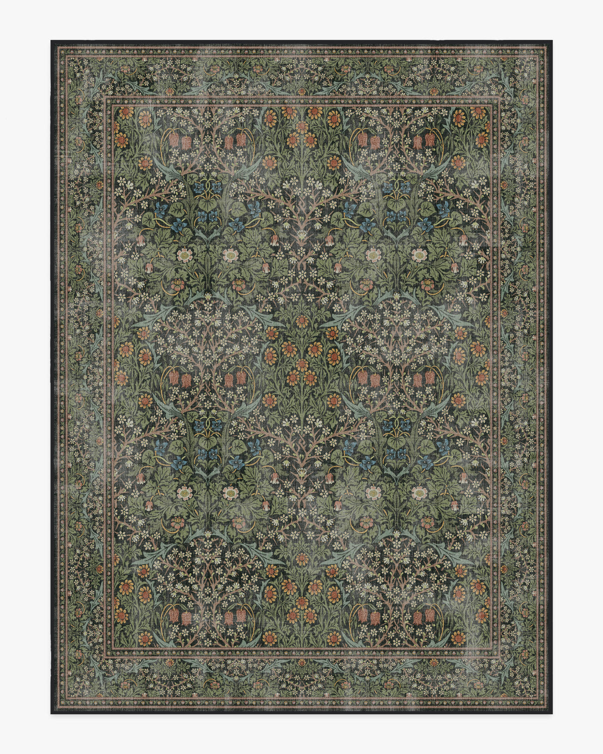 Tapis tissé plat britannique Arts & Crafts avec motif botanique lavable en vigne vert forêt pour salon et bureau