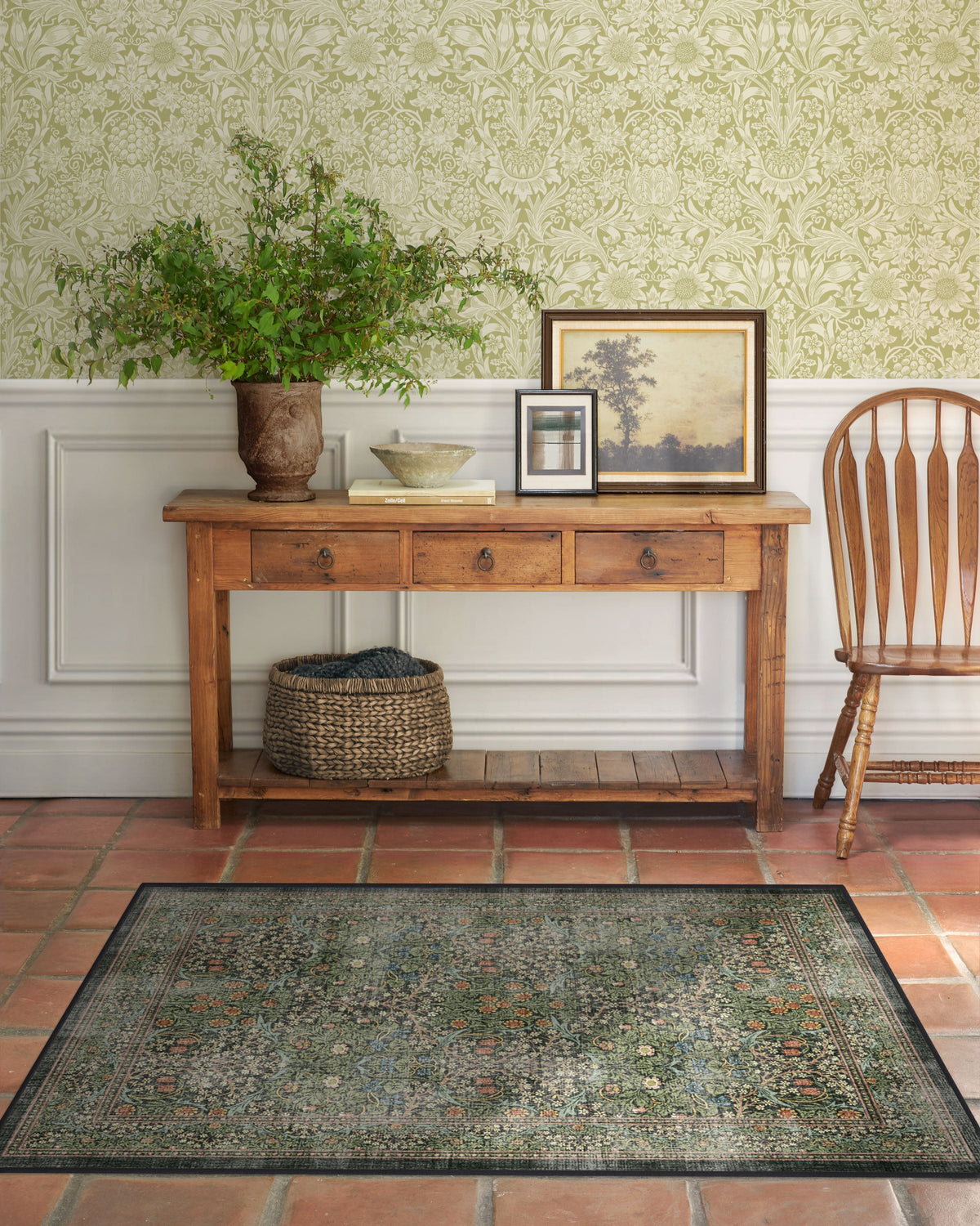 Tapis tissé plat britannique Arts & Crafts avec motif botanique lavable en vigne vert forêt pour salon et bureau