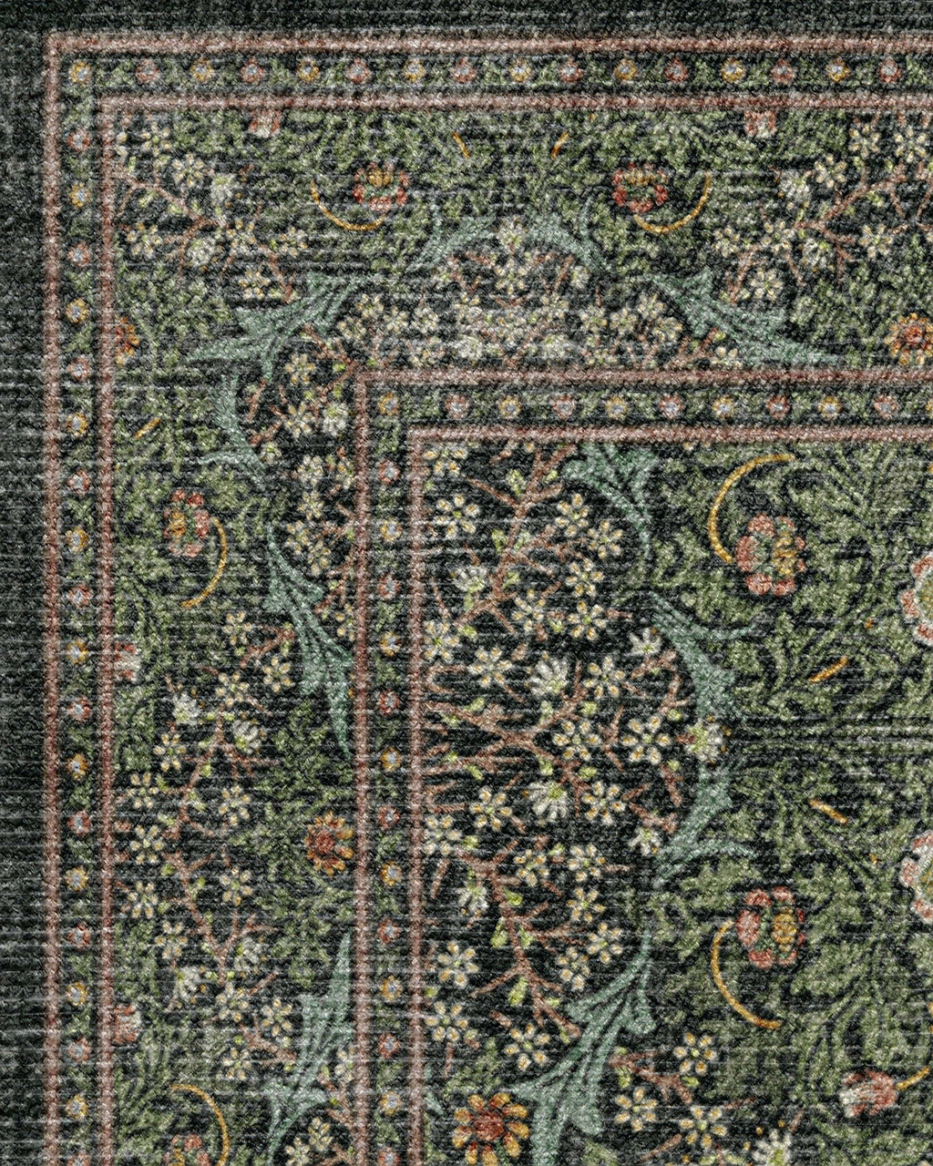 Tapis tissé plat britannique Arts & Crafts avec motif botanique lavable en vigne vert forêt pour salon et bureau