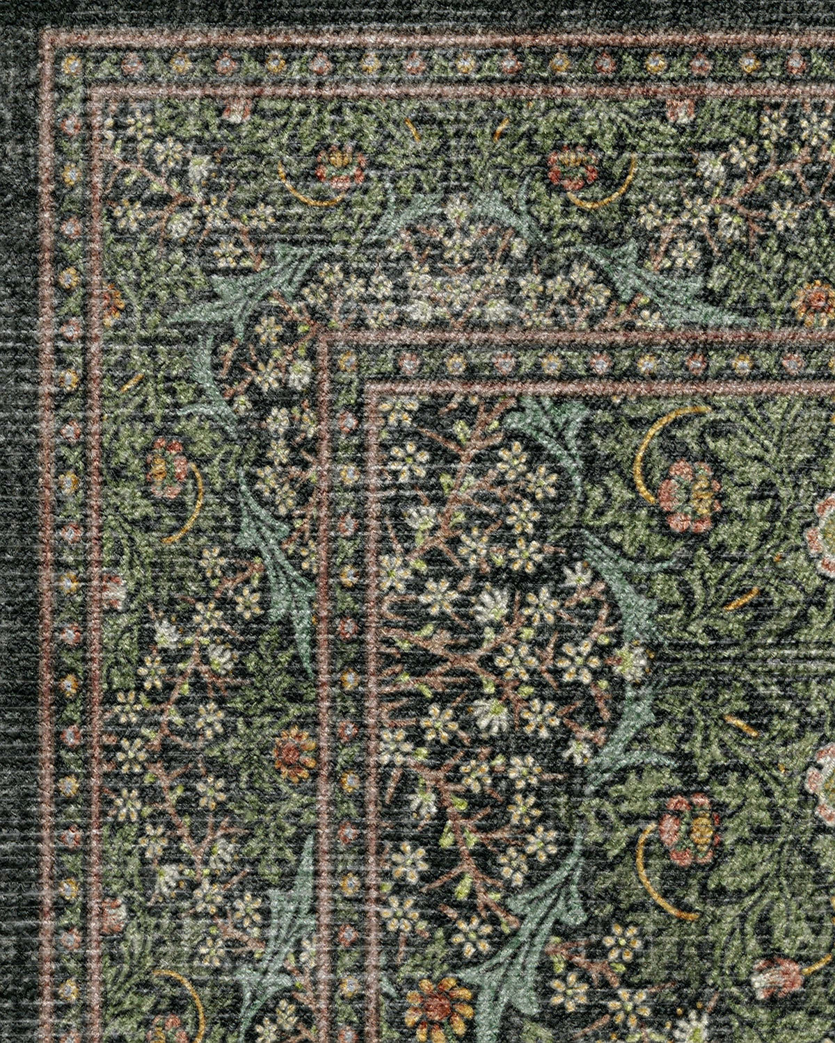 Tapis tissé plat britannique Arts & Crafts avec motif botanique lavable en vigne vert forêt pour salon et bureau