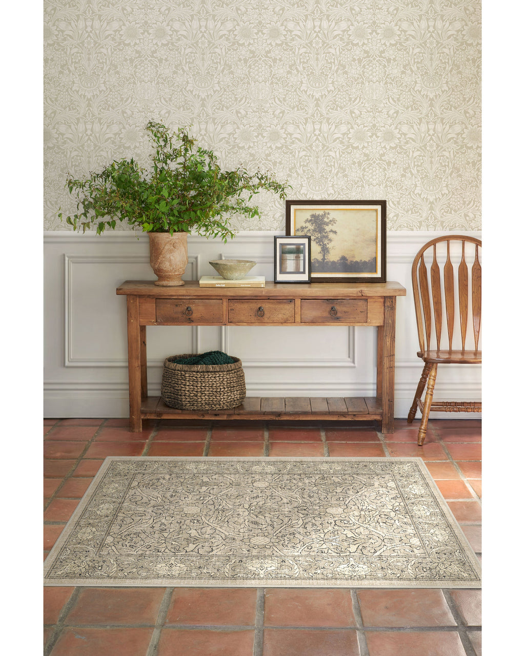 Tapis tissé plat traditionnel britannique avec motif floral de vigne lavable en pierre naturelle pour salon et bureau