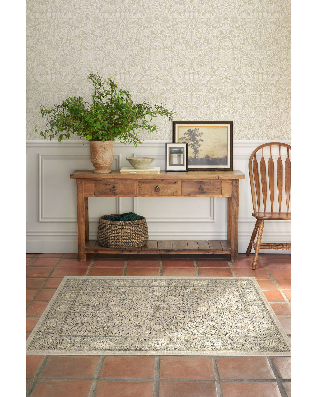 Tapis tissé plat traditionnel britannique avec motif floral de vigne lavable en pierre naturelle pour salon et bureau
