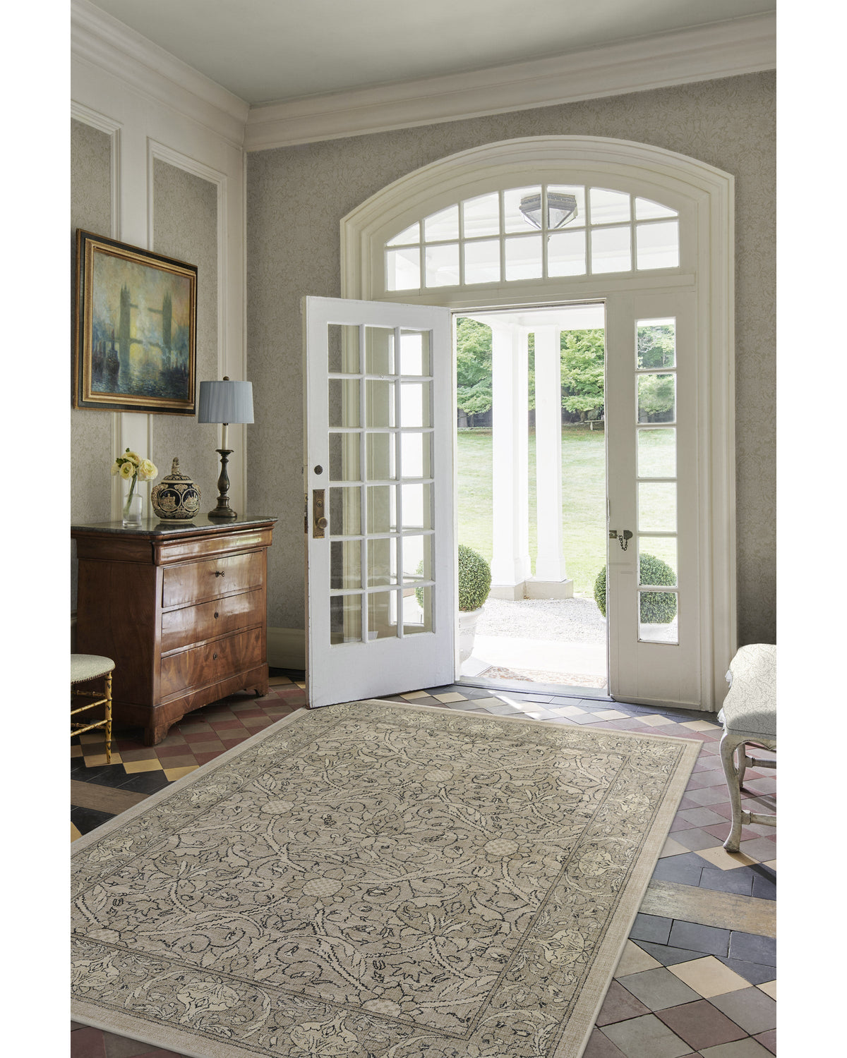 Tapis tissé plat traditionnel britannique avec motif floral de vigne lavable en pierre naturelle pour salon et bureau