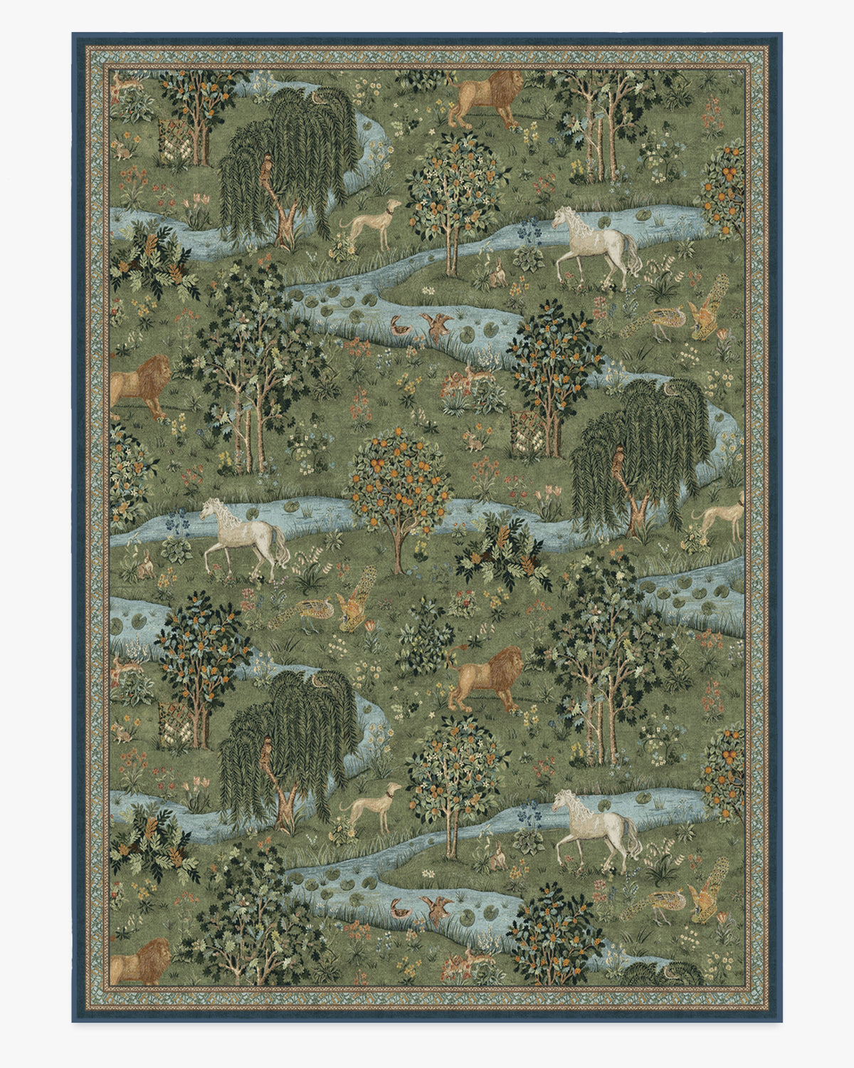 Tapis tissé à plat British Arts & Crafts avec tapisserie lavable d'animaux de la forêt en vert pour salon et bureau