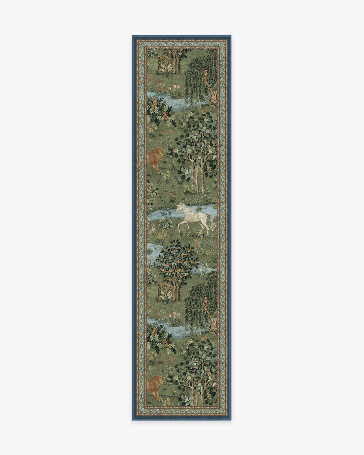 Tapis tissé à plat British Arts & Crafts avec tapisserie lavable d'animaux de la forêt en vert pour salon et bureau
