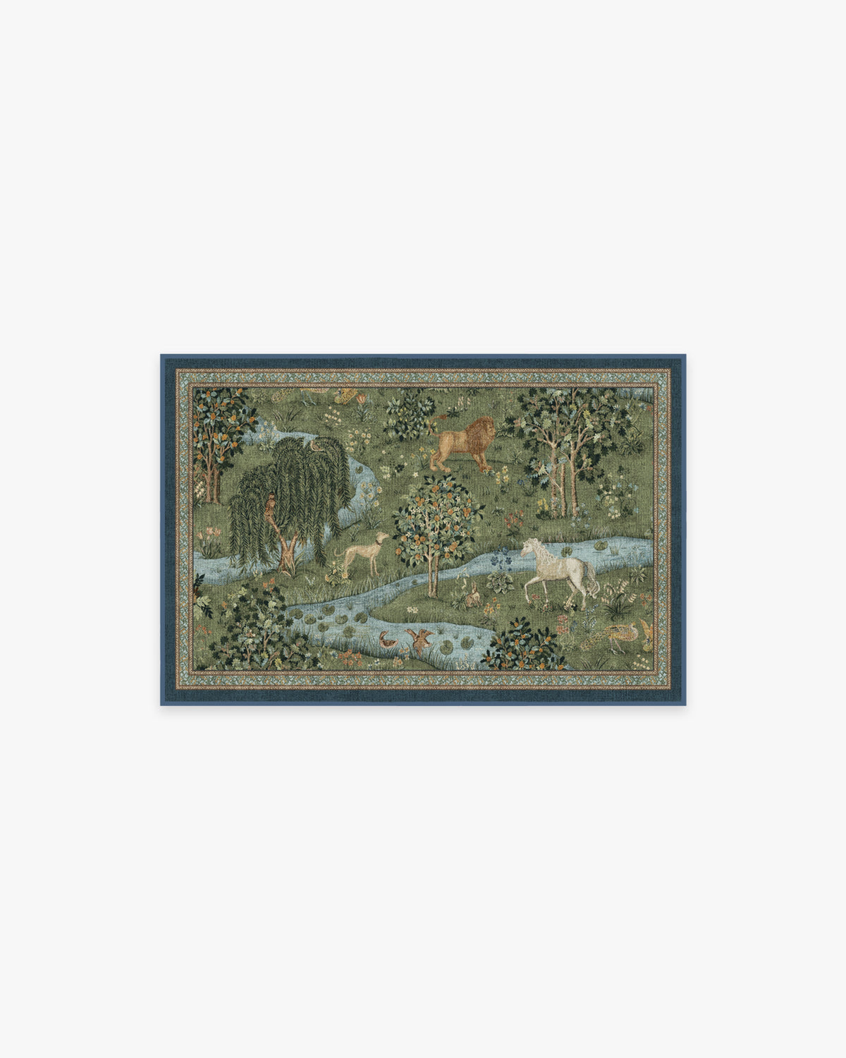 Tapis tissé à plat British Arts & Crafts avec tapisserie lavable d'animaux de la forêt en vert pour salon et bureau