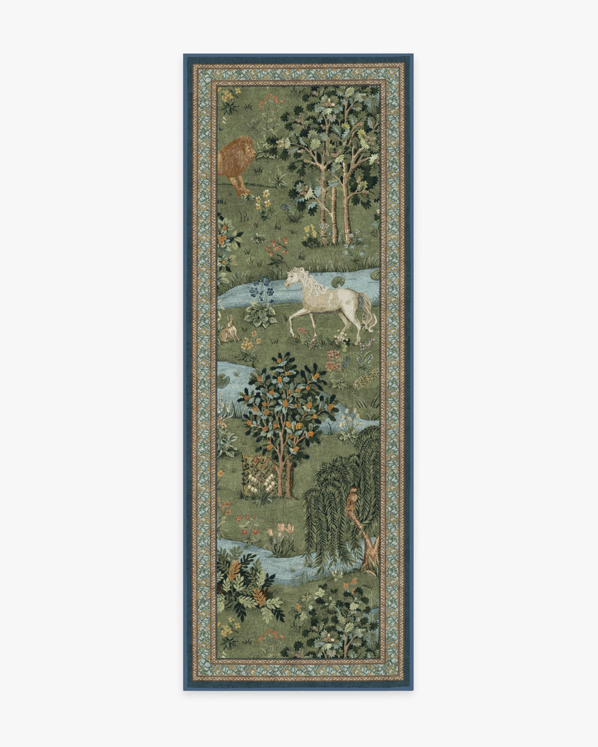 Tapis tissé à plat British Arts & Crafts avec tapisserie lavable d'animaux de la forêt en vert pour salon et bureau