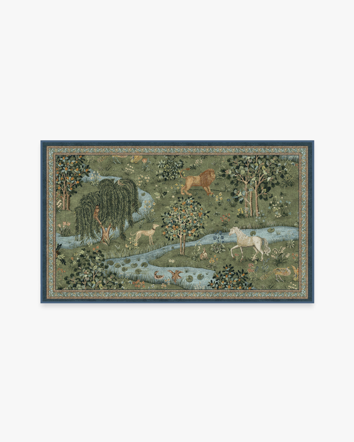 Tapis tissé à plat British Arts & Crafts avec tapisserie lavable d'animaux de la forêt en vert pour salon et bureau