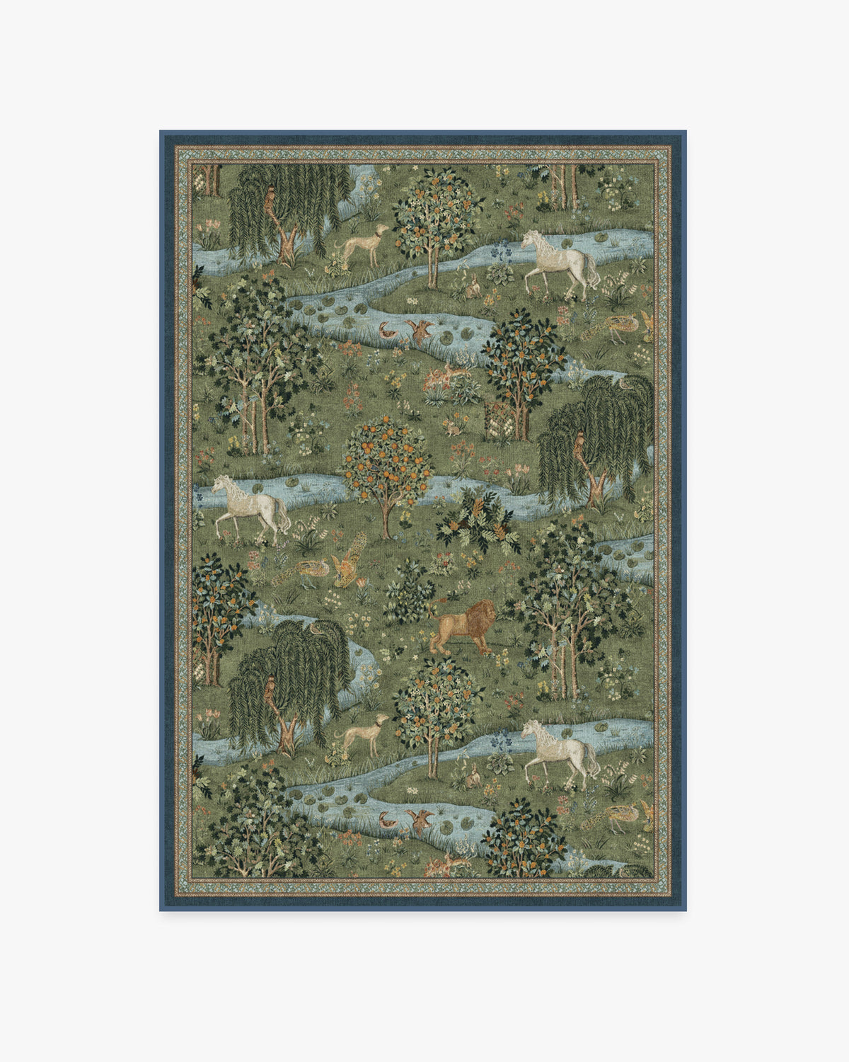 Tapis tissé à plat British Arts & Crafts avec tapisserie lavable d'animaux de la forêt en vert pour salon et bureau