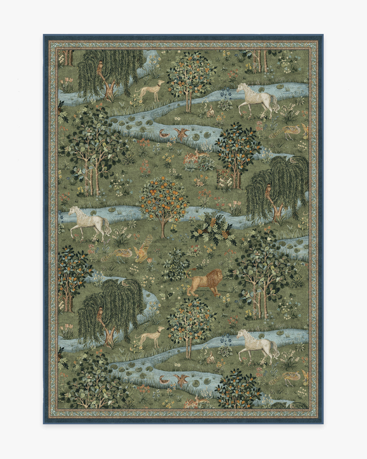 Tapis tissé à plat British Arts & Crafts avec tapisserie lavable d'animaux de la forêt en vert pour salon et bureau