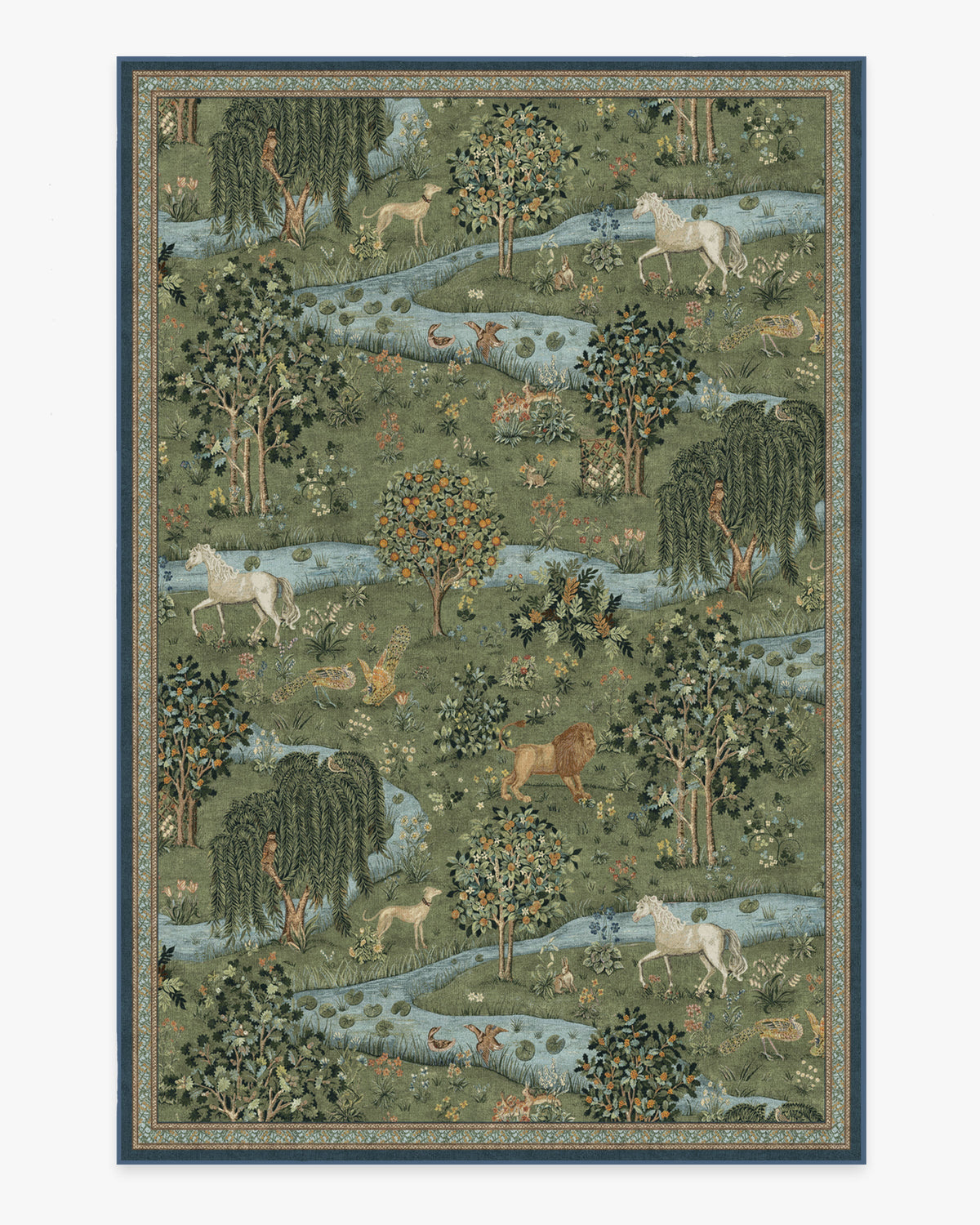 Tapis tissé à plat British Arts & Crafts avec tapisserie lavable d'animaux de la forêt en vert pour salon et bureau