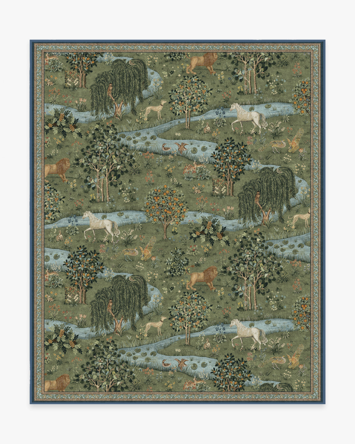 Tapis tissé à plat British Arts & Crafts avec tapisserie lavable d'animaux de la forêt en vert pour salon et bureau