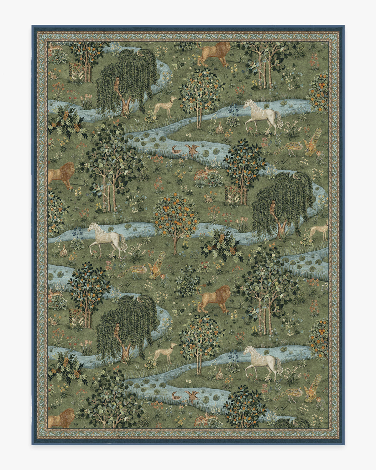 Tapis tissé à plat British Arts & Crafts avec tapisserie lavable d'animaux de la forêt en vert pour salon et bureau