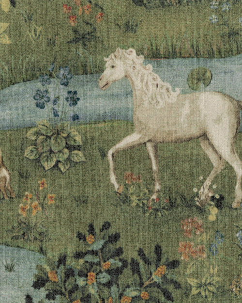 Tapis tissé à plat British Arts & Crafts avec tapisserie lavable d'animaux de la forêt en vert pour salon et bureau