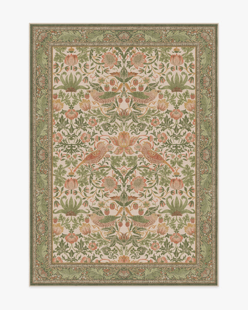 Tapis tissé plat britannique avec imprimé lavable sauge rose oiseau et fruits pour salon et bureau