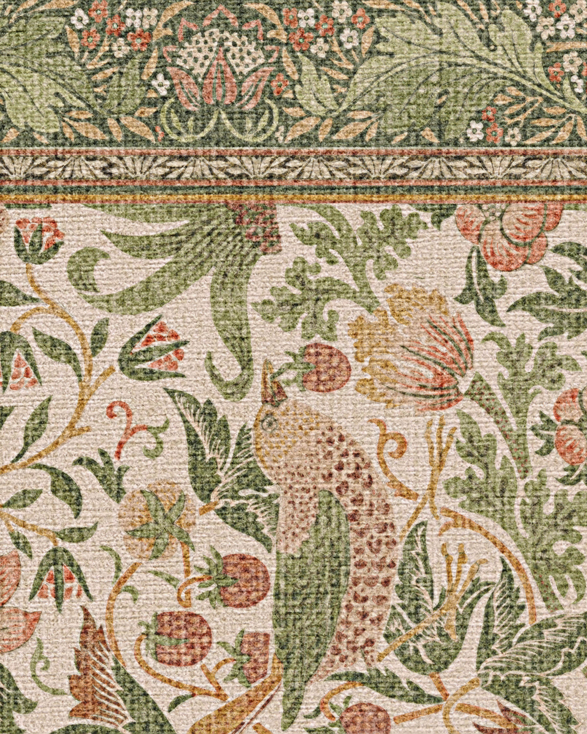 Tapis tissé plat britannique avec imprimé lavable sauge rose oiseau et fruits pour salon et bureau