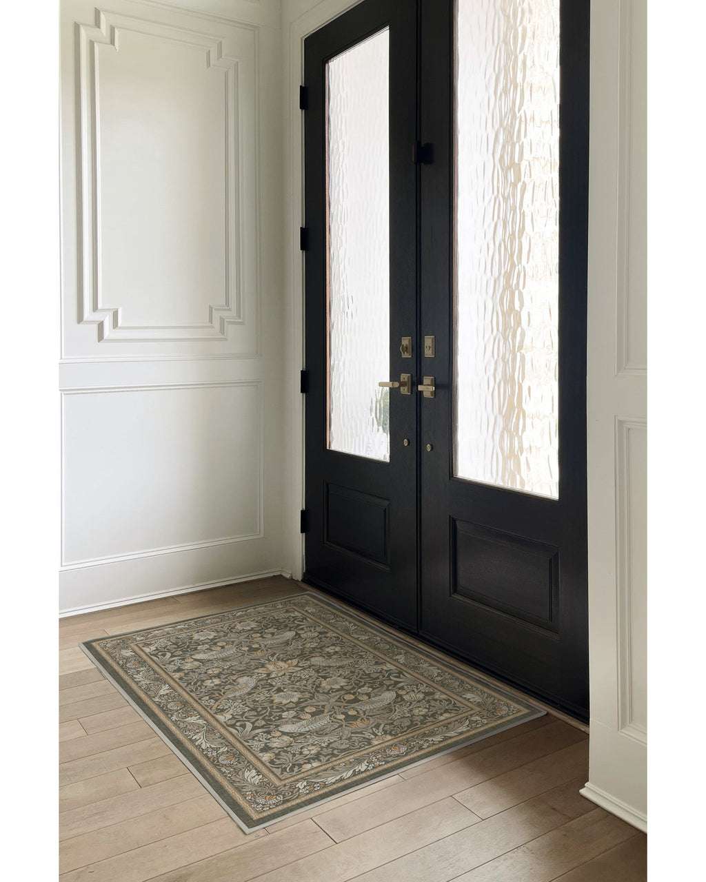 Tapis tissé à plat British Garden avec motif végétal or pierre lavable pour salon et bureau