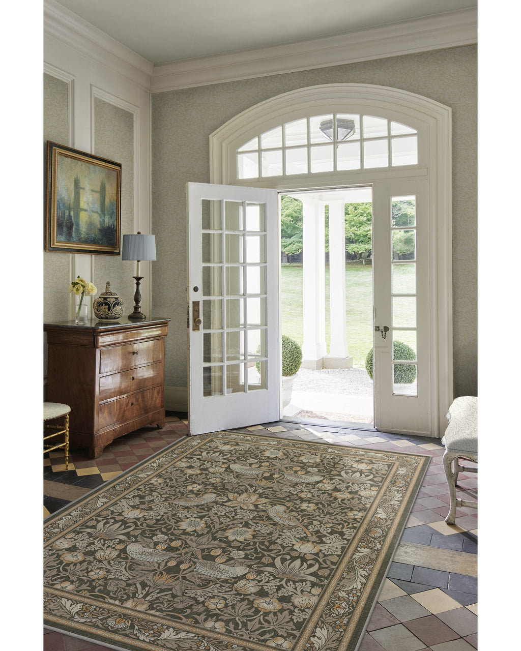 Tapis tissé à plat British Garden avec motif végétal or pierre lavable pour salon et bureau
