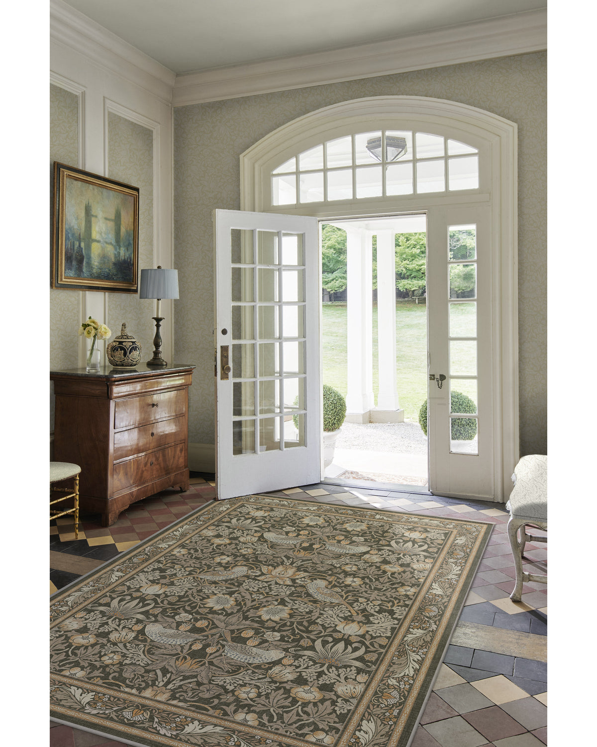 Tapis tissé à plat British Garden avec motif végétal or pierre lavable pour salon et bureau
