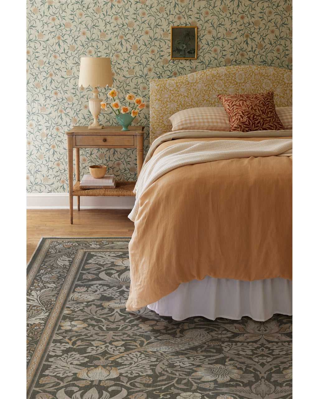 Tapis tissé à plat British Garden avec motif végétal or pierre lavable pour salon et bureau