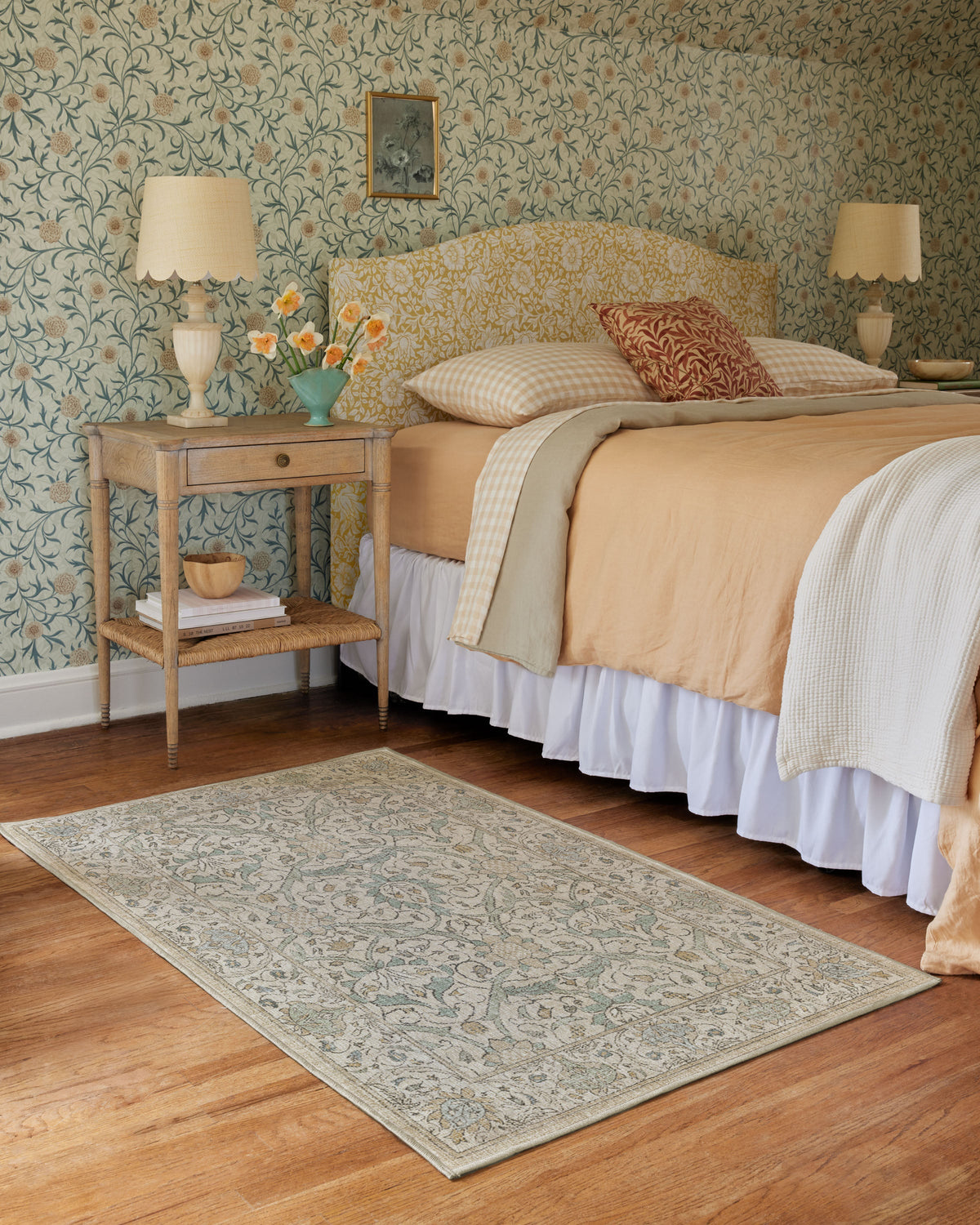 Tapis britannique traditionnel tissé à plat avec motif de vigne botanique lavable en jade naturel pour le salon et le bureau