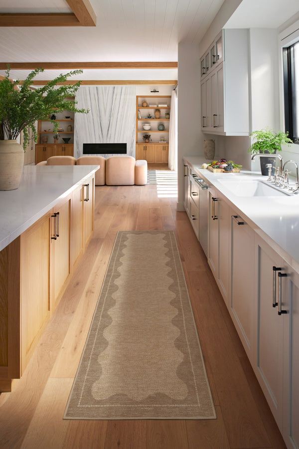Tapis tissé plat moderne et minimaliste, avec cadre festonné beige lavable, aspect noué à la main, pour chambre et salon
