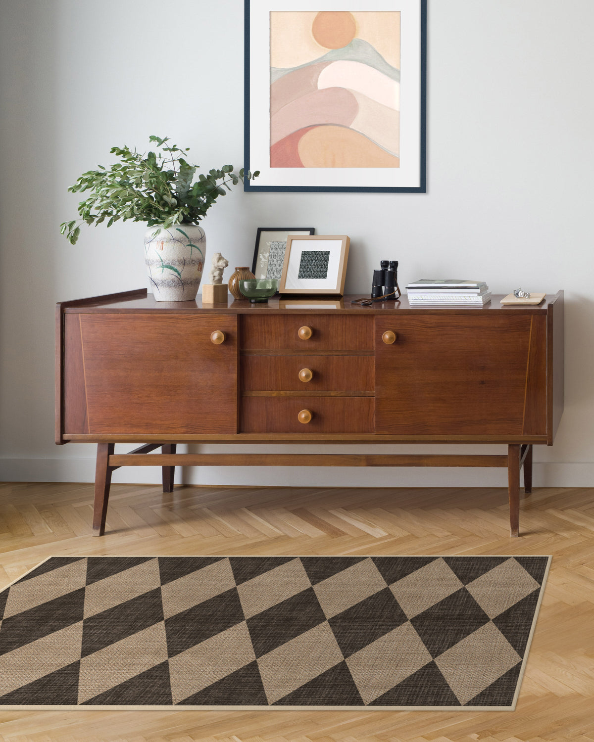 Tapis plat italien en polyester recyclé avec motif Arlequin noir lavable pour salon et bureau