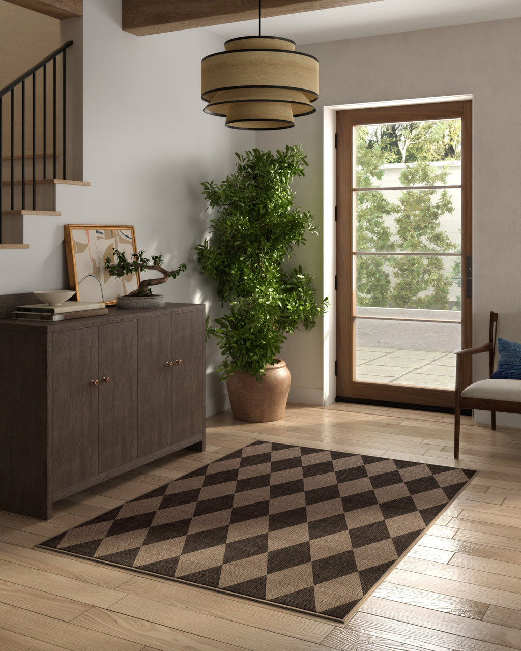 Tapis plat italien en polyester recyclé avec motif Arlequin noir lavable pour salon et bureau