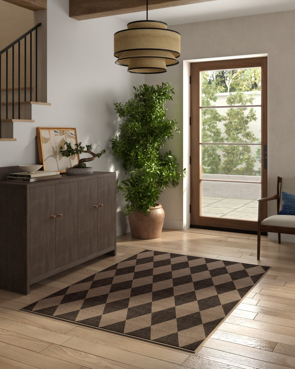Tapis plat italien en polyester recyclé avec motif Arlequin noir lavable pour salon et bureau