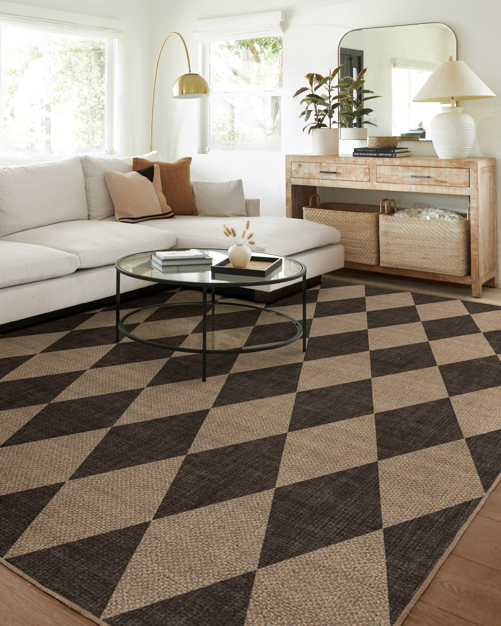 Tapis plat italien en polyester recyclé avec motif Arlequin noir lavable pour salon et bureau