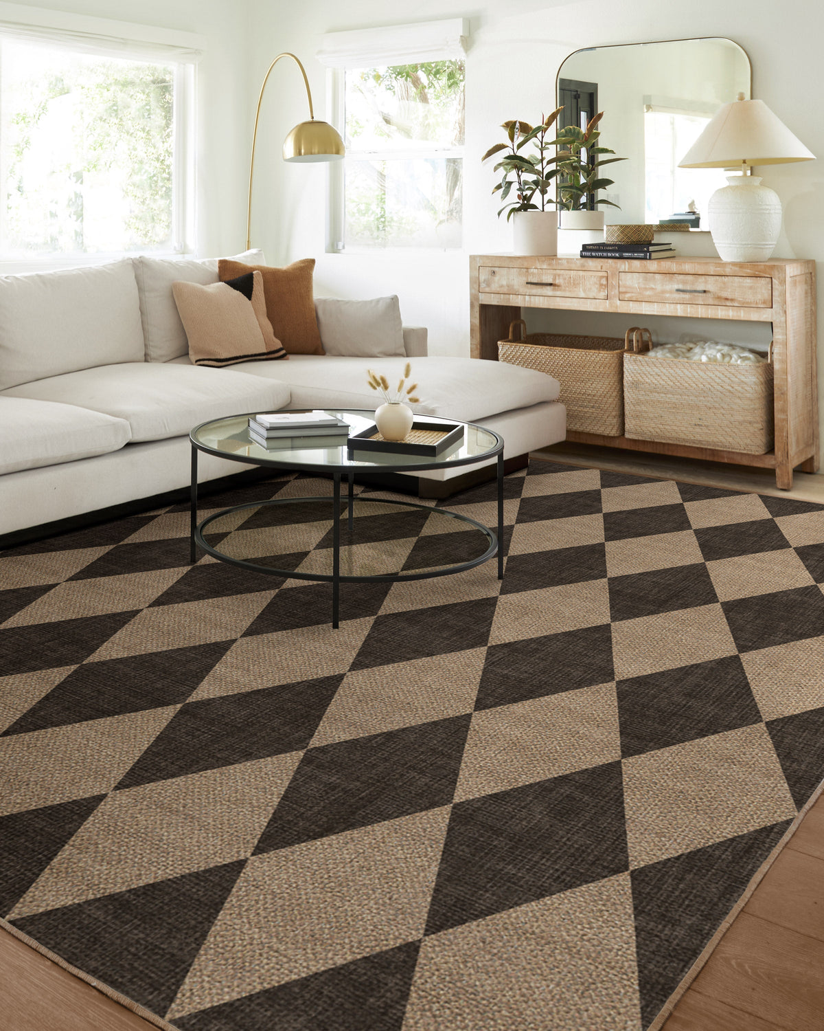 Tapis plat italien en polyester recyclé avec motif Arlequin noir lavable pour salon et bureau