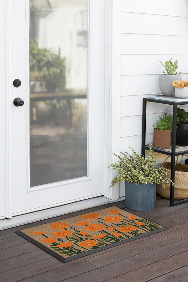 Paillasson Lavable Motifs Coquelicots Oranges et Jaunes Collection Fresh Floral pour Entrée et Porche