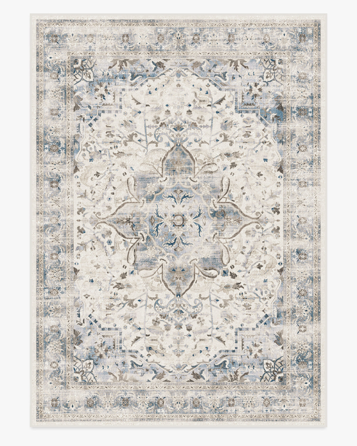 Tapis plat vintage chic à motif médaillon floral saphir lavable pour chambre et salon
