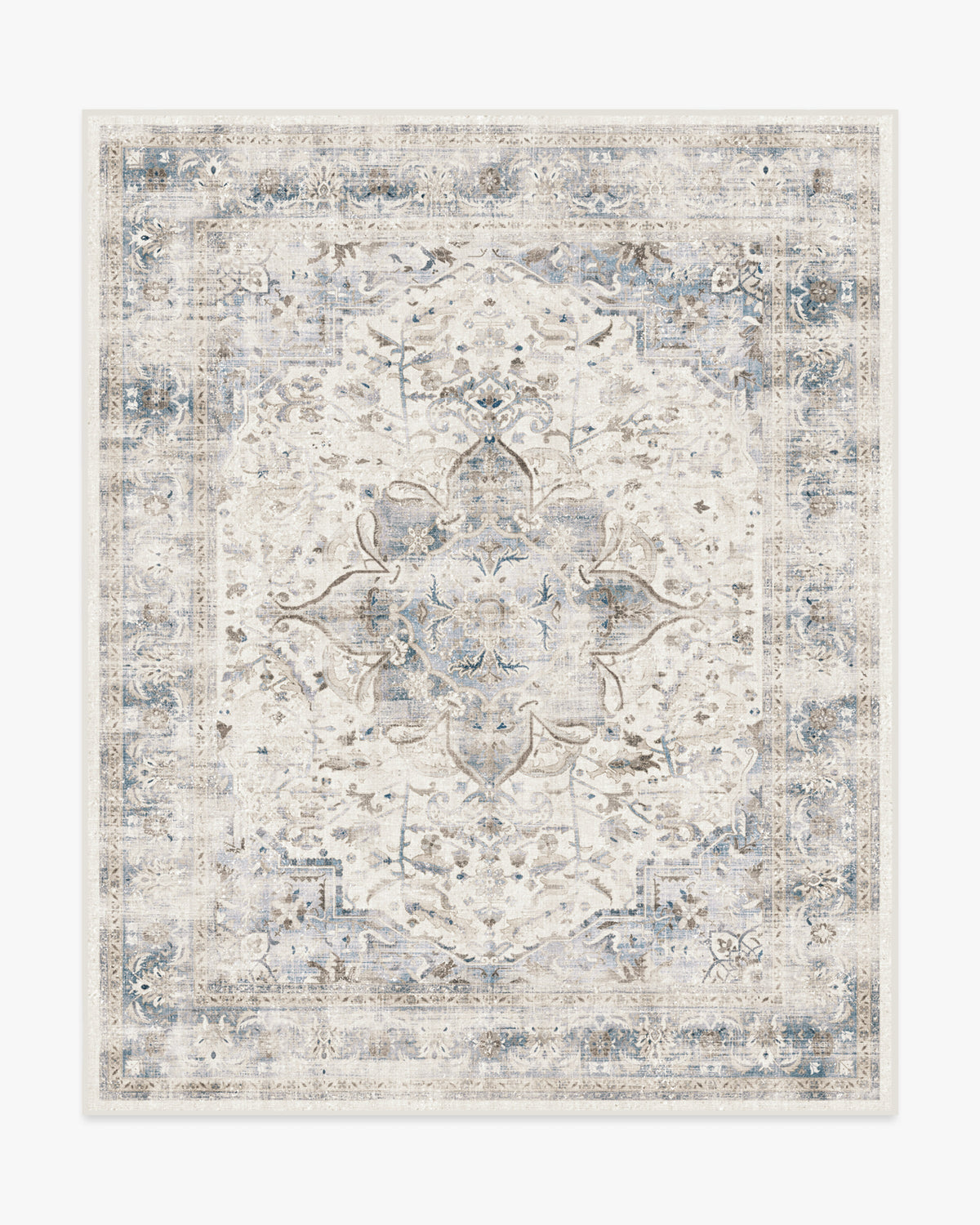 Tapis plat vintage chic à motif médaillon floral saphir lavable pour chambre et salon